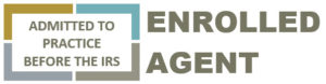 Logo for Enrolled Agent, Admitted to practice before the IRS in Brown blue and grey colors.