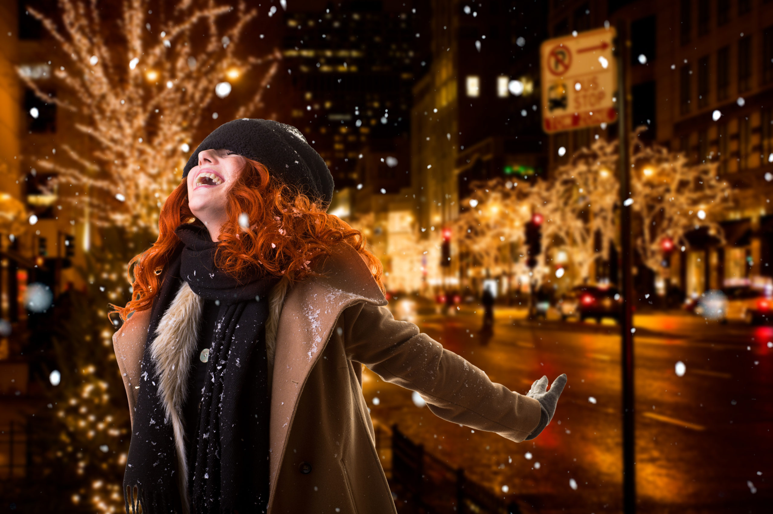 woman outside at night downtown Bellingham overjoyed about the Tax Changes for 2020