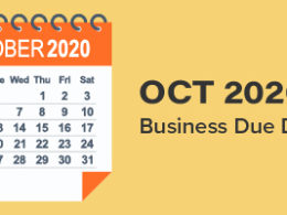 October 2020 Business Due Dates, An october calendar shows due dates for the year with a sunny yellow background