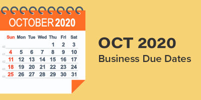 October 2020 Business Due Dates, An october calendar shows due dates for the year with a sunny yellow background