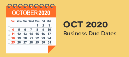 October 2020 Business Due Dates, An october calendar shows due dates for the year with a sunny yellow background