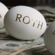 Saving For Retirement? Three golden eggs sit on a desk with IRA, ROTH and 401K written on them.