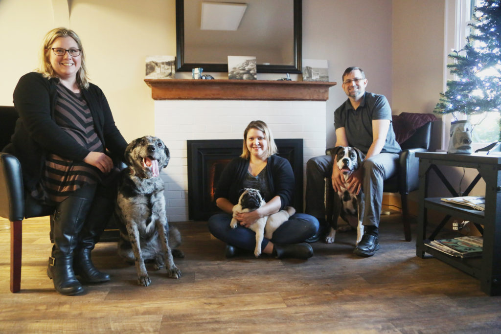 Staff and the owner of Bellingham Tax sit with their dogs in the reception area.