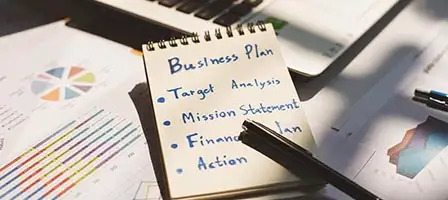 Pile of business papers, including a business plan and a Balance Sheet on a desk.